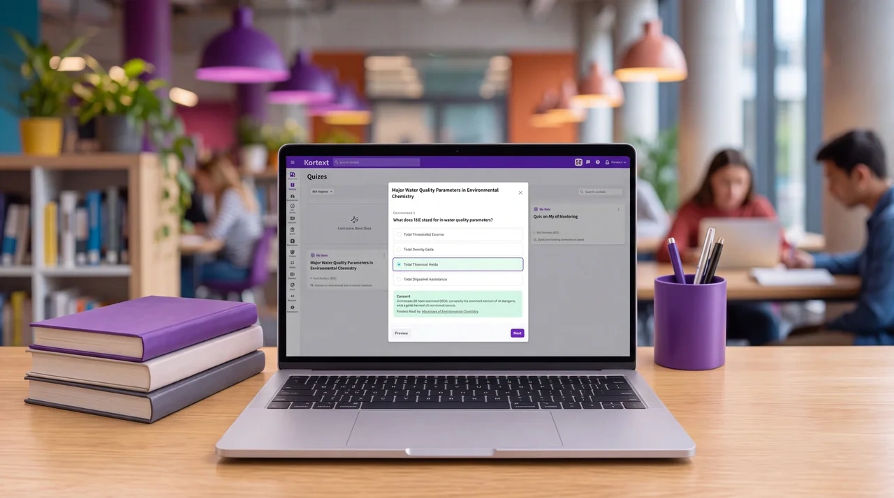 a laptop is on a desk in an academic library, loaded on the screen is the new Kortext IQ quizzes feature