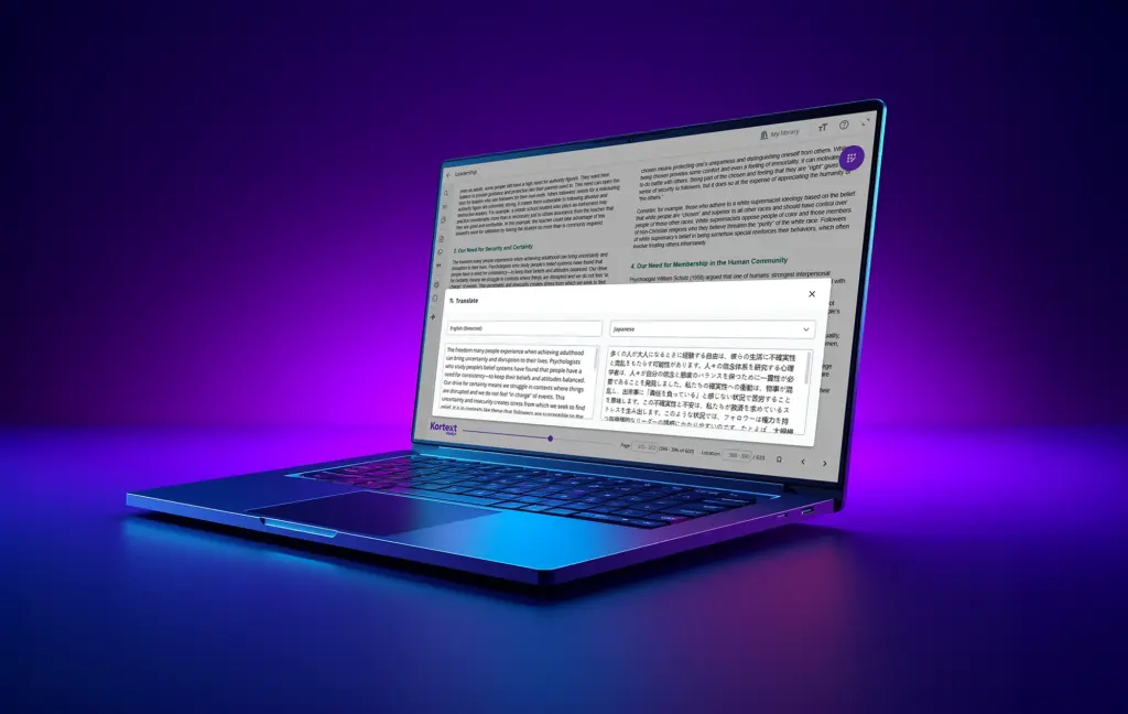 laptop showing translate features within the kortext study platform