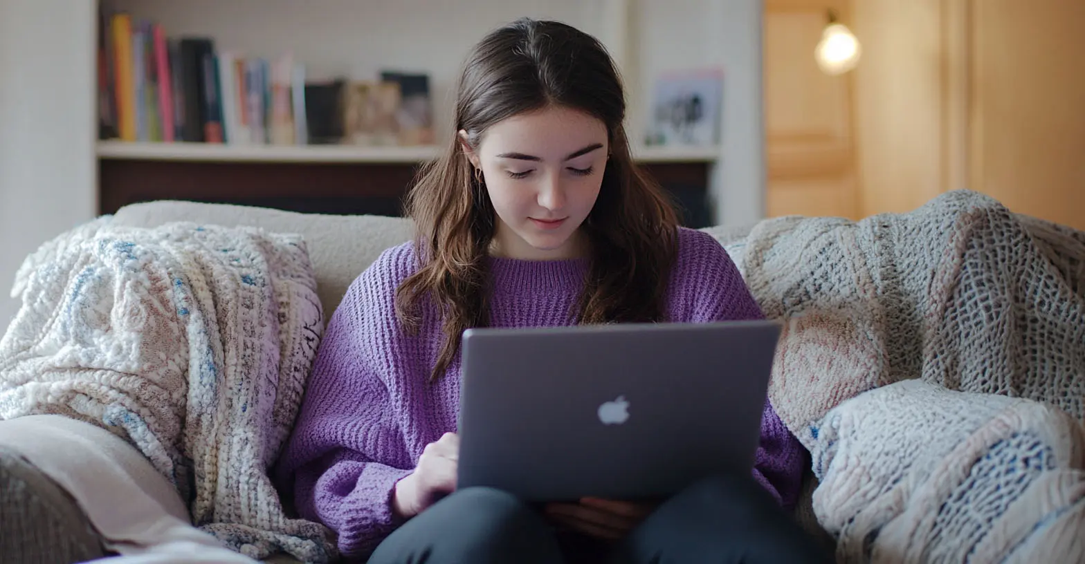 A female student using eBooks on a laptop a home environment.