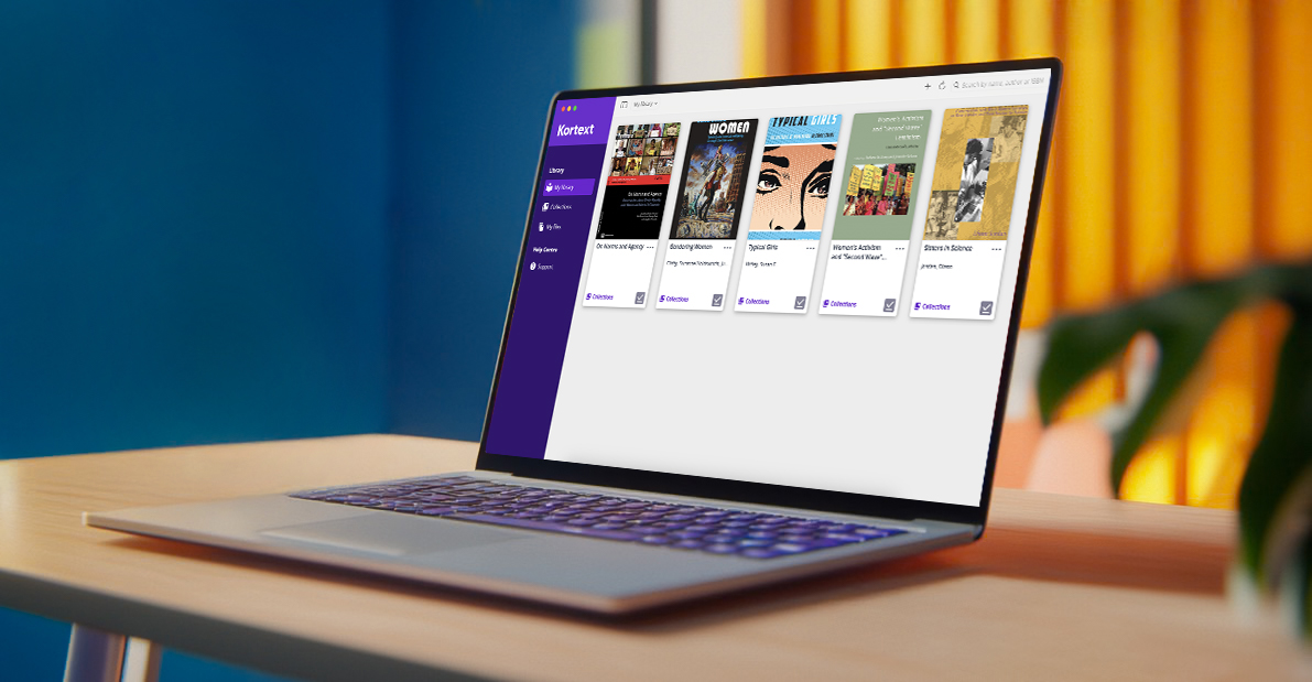 A photo of a laptop screen showing the Kortext Library containing our 5 selected Women's History Month Titles