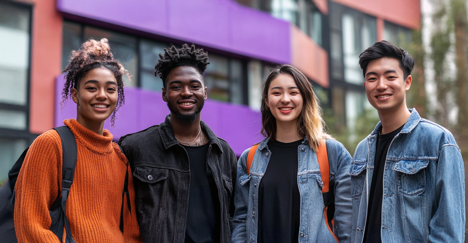 Group of international students against a colourful background.