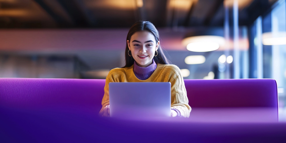 This graphic shows a student smiling at her laptop