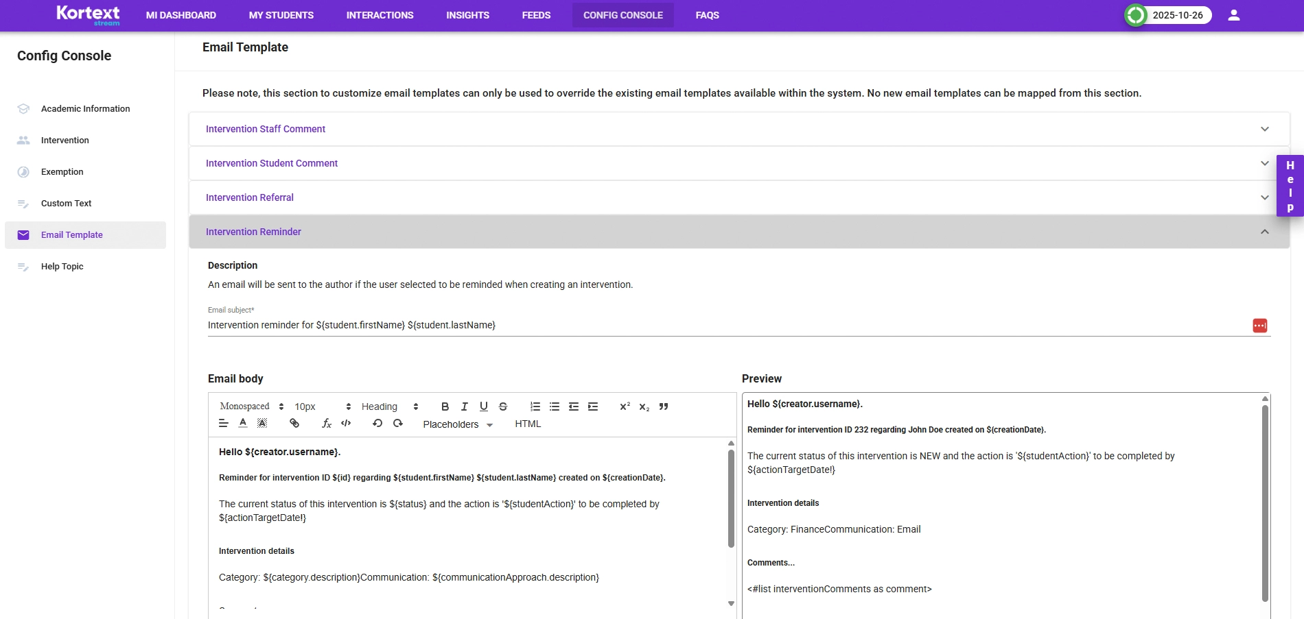 This platform screenshot shows how to create an intervention inside Kortext stream