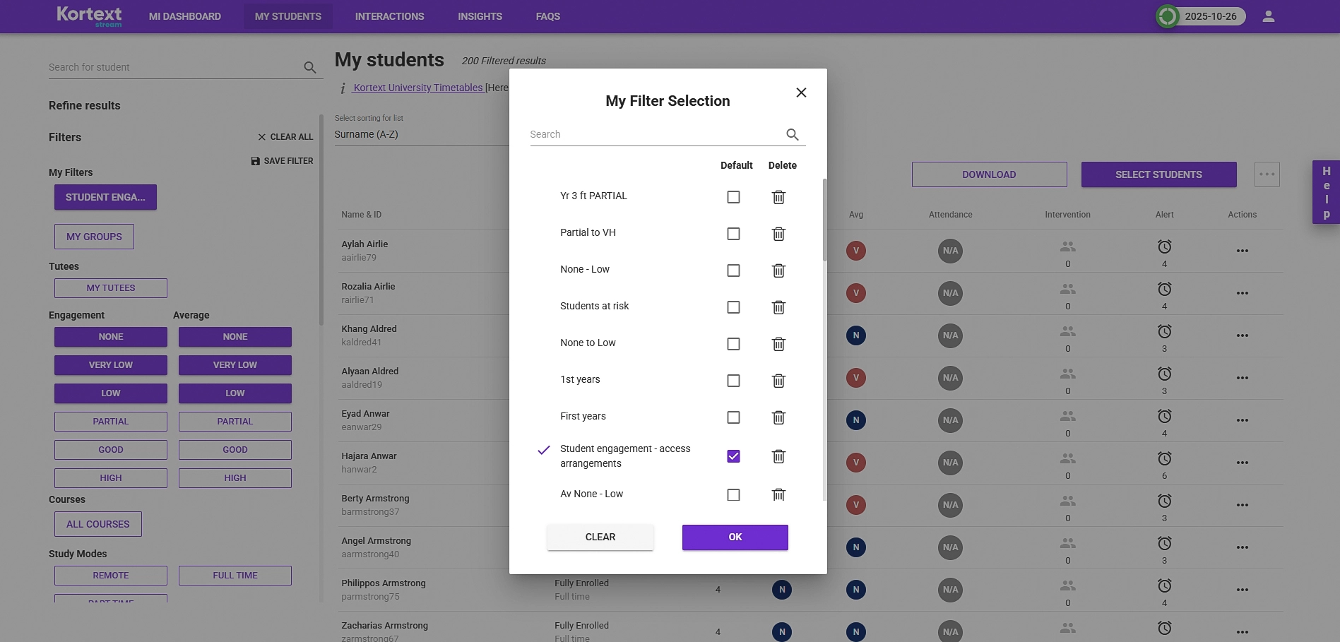 This platform screenshot shows how to filter students in Kortext stream