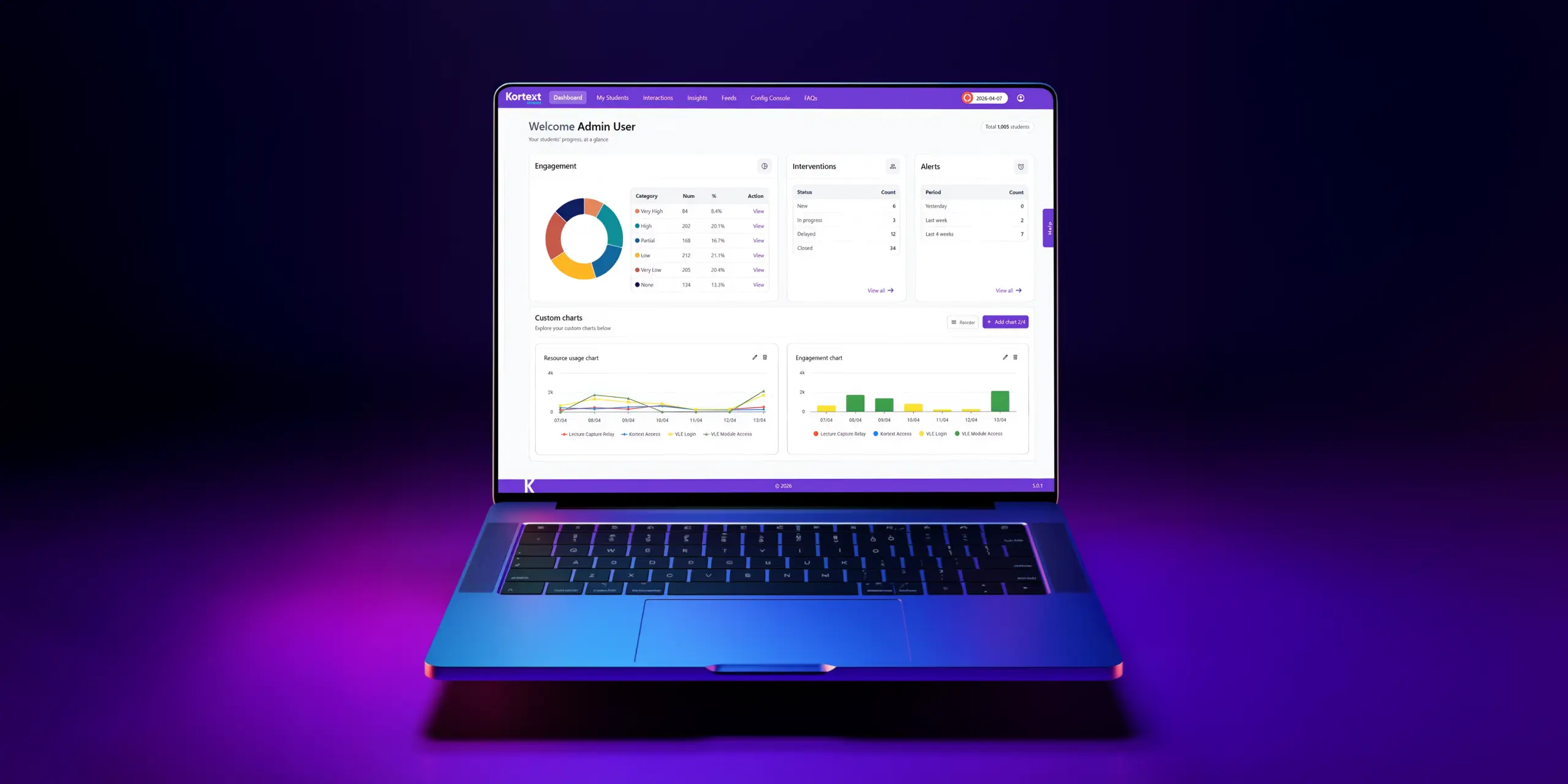 Images shows a laptop with Kortext stream 5.0 displayed on screen. The laptop is set against a purple gradient background.