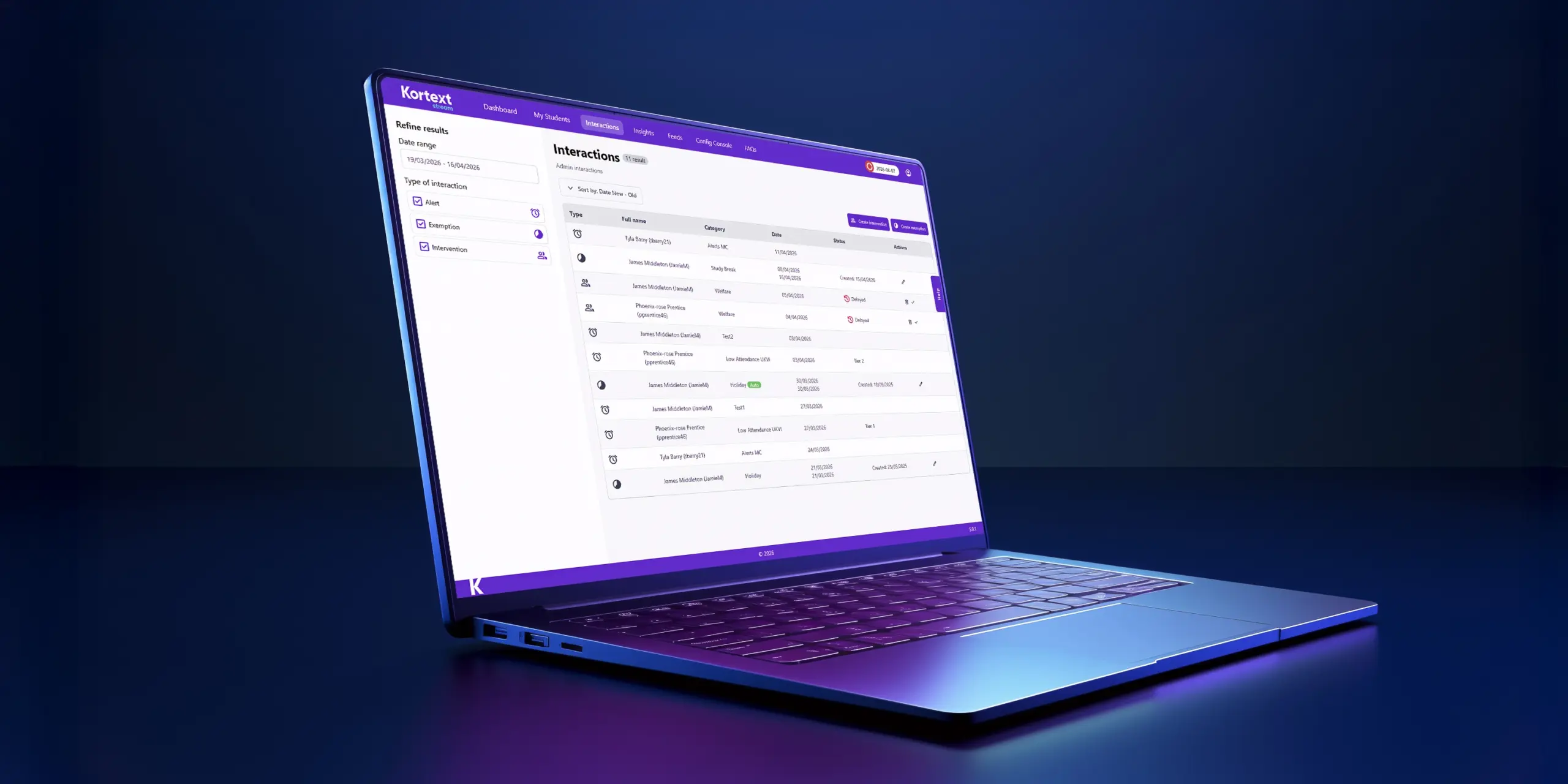 A laptop shows Kortext stream, loaded to the interactions page.
