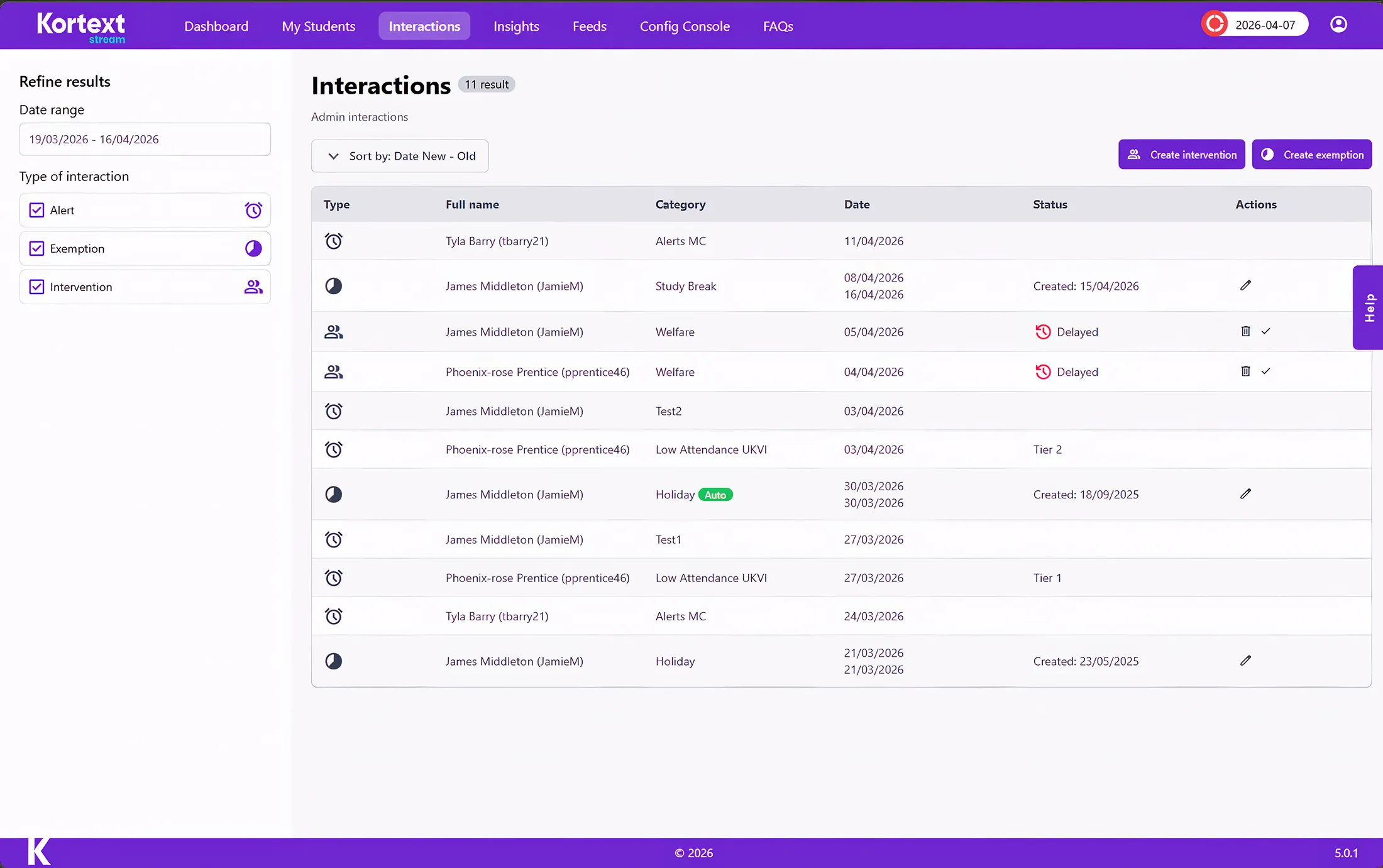 The interventions page in Kortext stream is a key place to  record all interactions that a student has had with support teams across the institution.