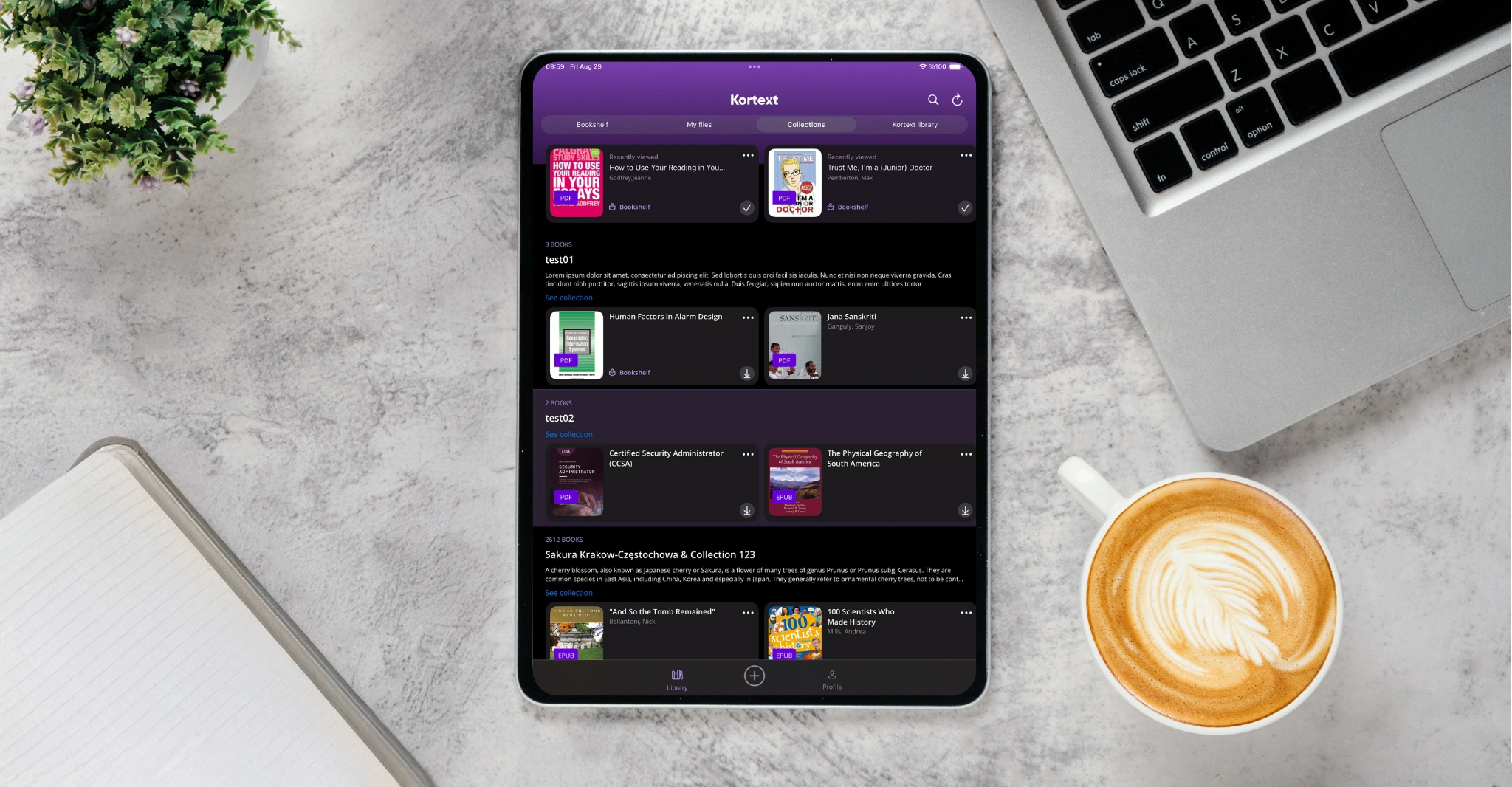 In this image, our brand new design for the Kortext bookshelf is shown on an iPad device.