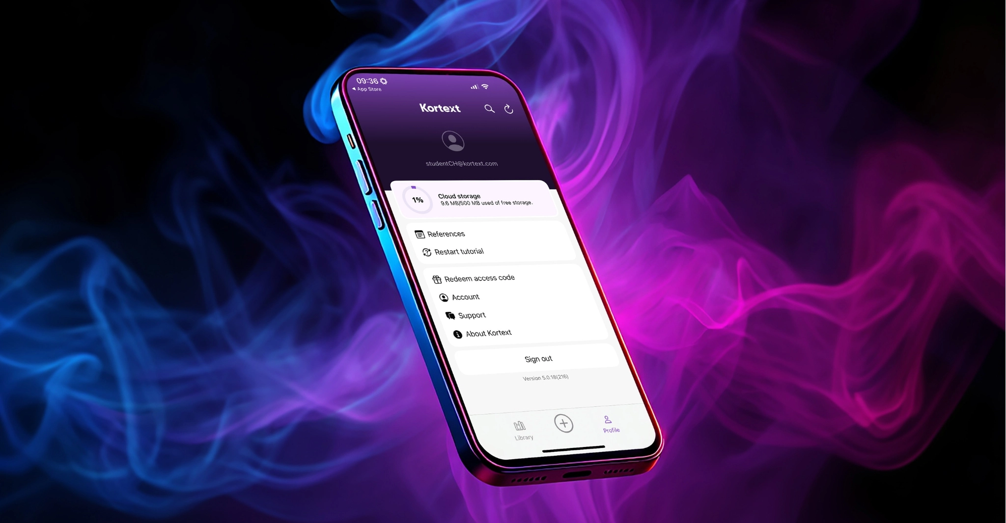 This image shows our new profile menu, with options for remaining cloud storage, references, tutorial, redeem access code, account settings, Kortext support, about Kortext and sign out.
