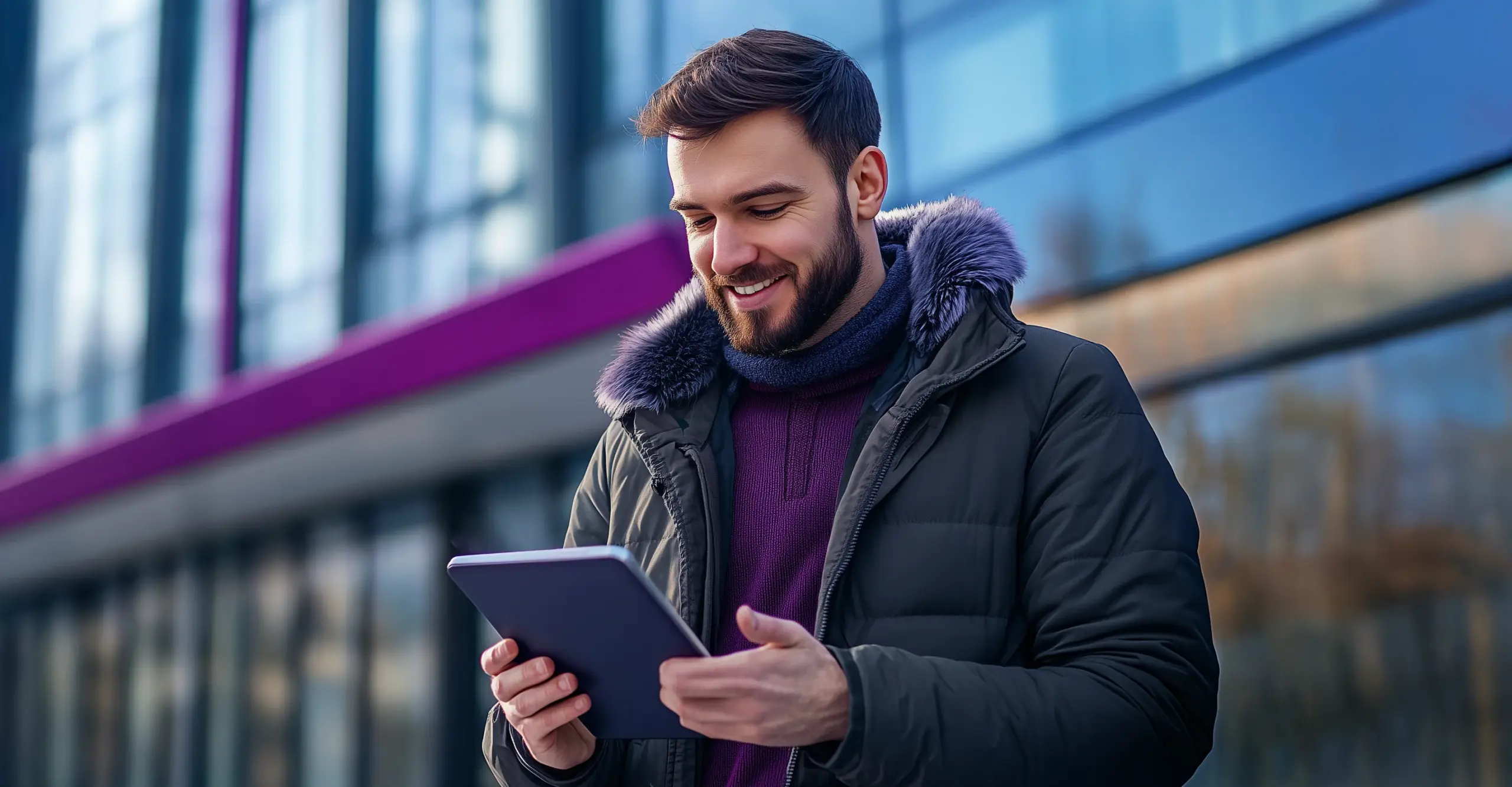 Mature student using a tablet outside a university building.