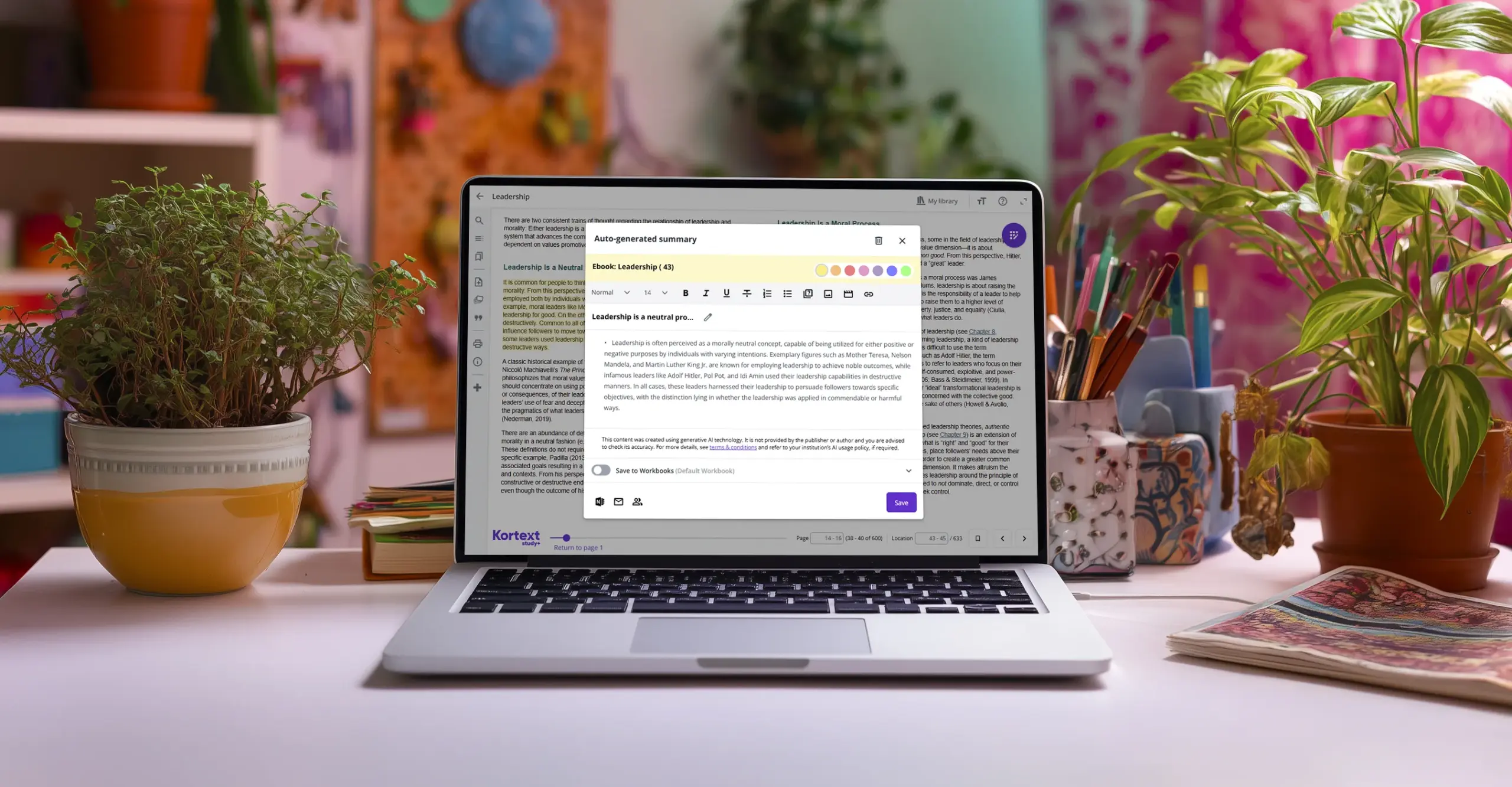 A laptop showing our summarise feature that uses AI to create summaries of long text.