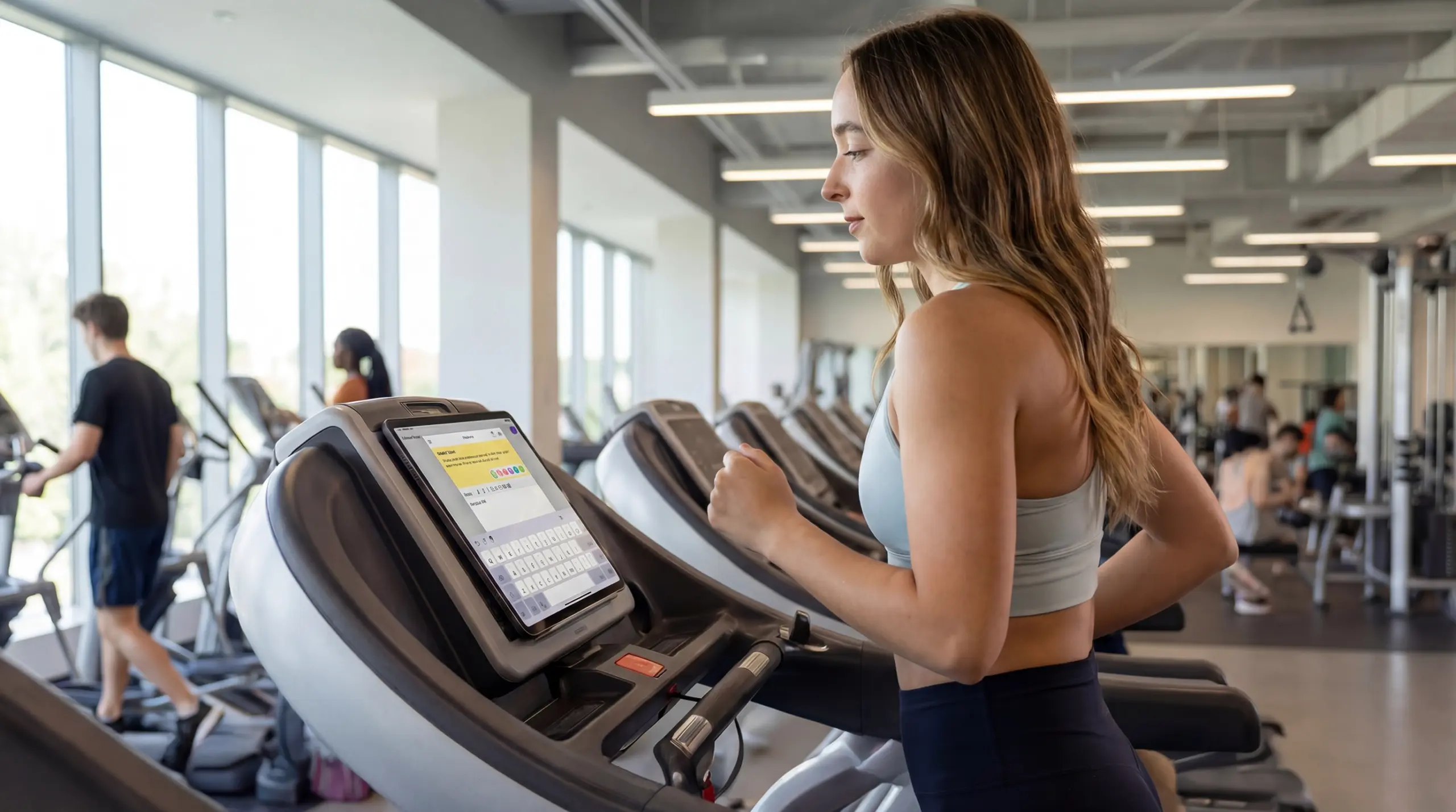 A girl studies on the Kortext app while working out in the gym