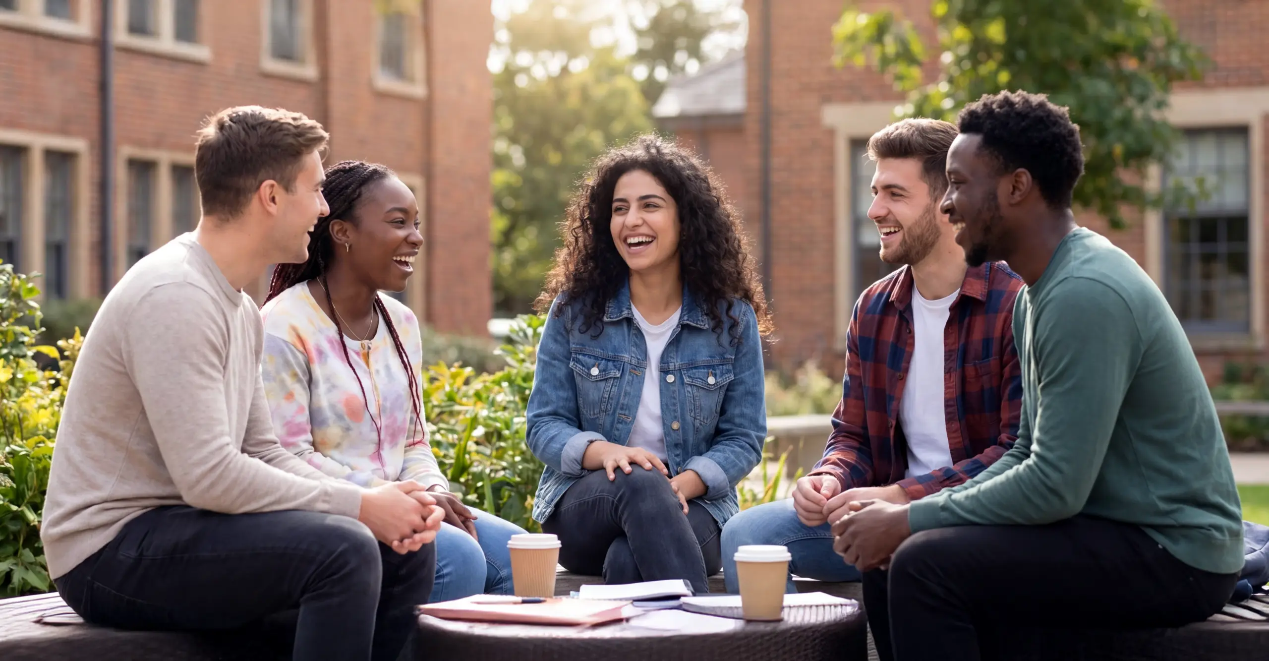 A group of students enjoy a coffee together on campus