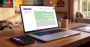 Kortext apps are open on a desk using both laptop and phone devices.