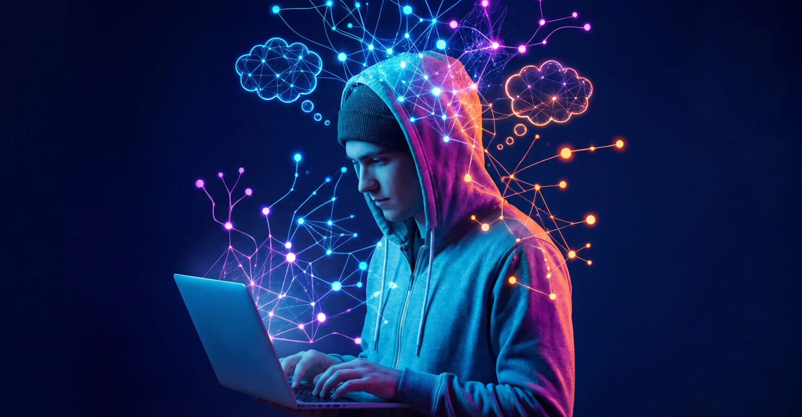 A student sits on a laptop with lots of graphic sparkles around him.