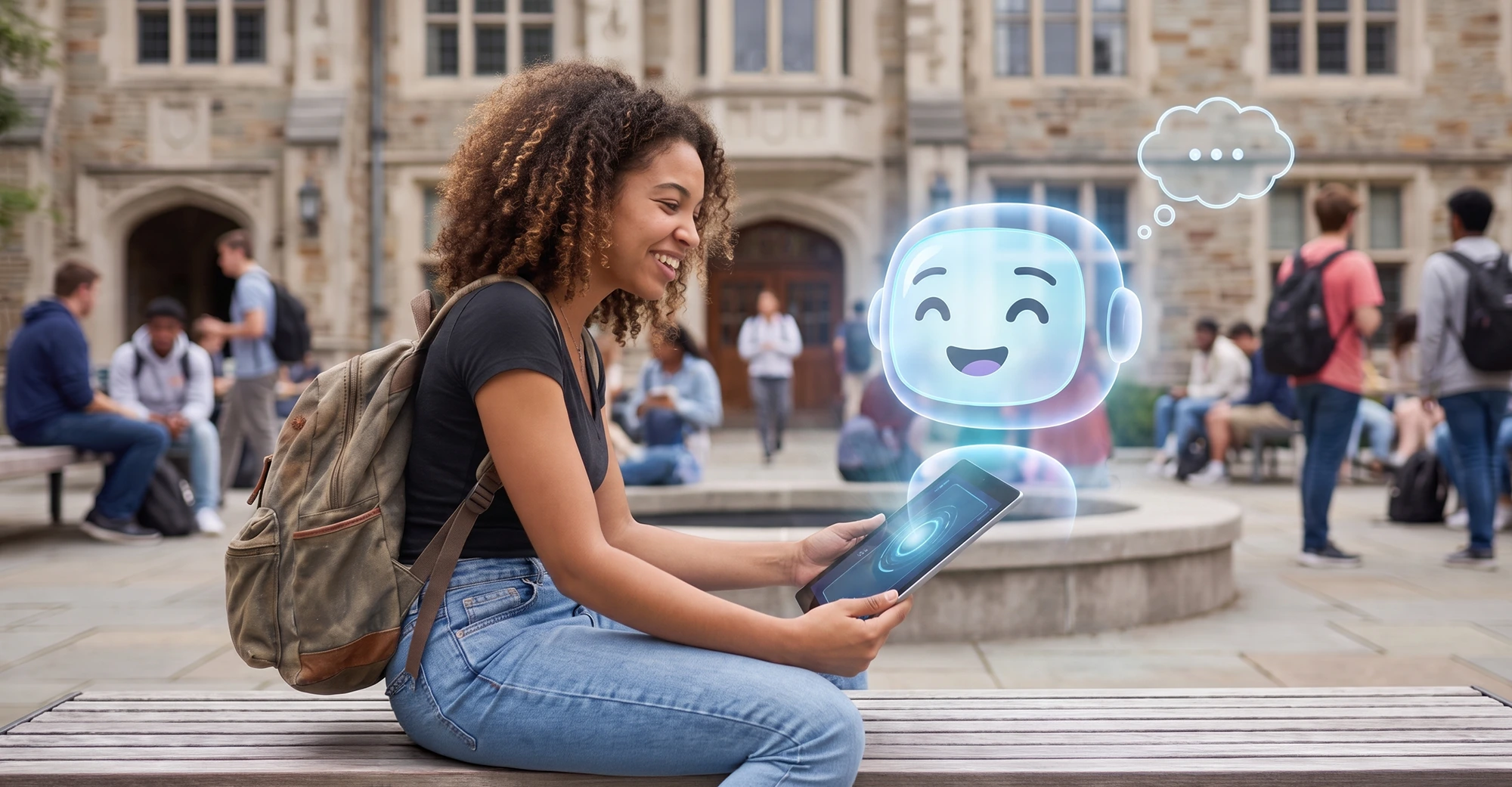 A student is sat in her university courtyard with a holographic robot hovering above her tablet device. They are smiling at each other.