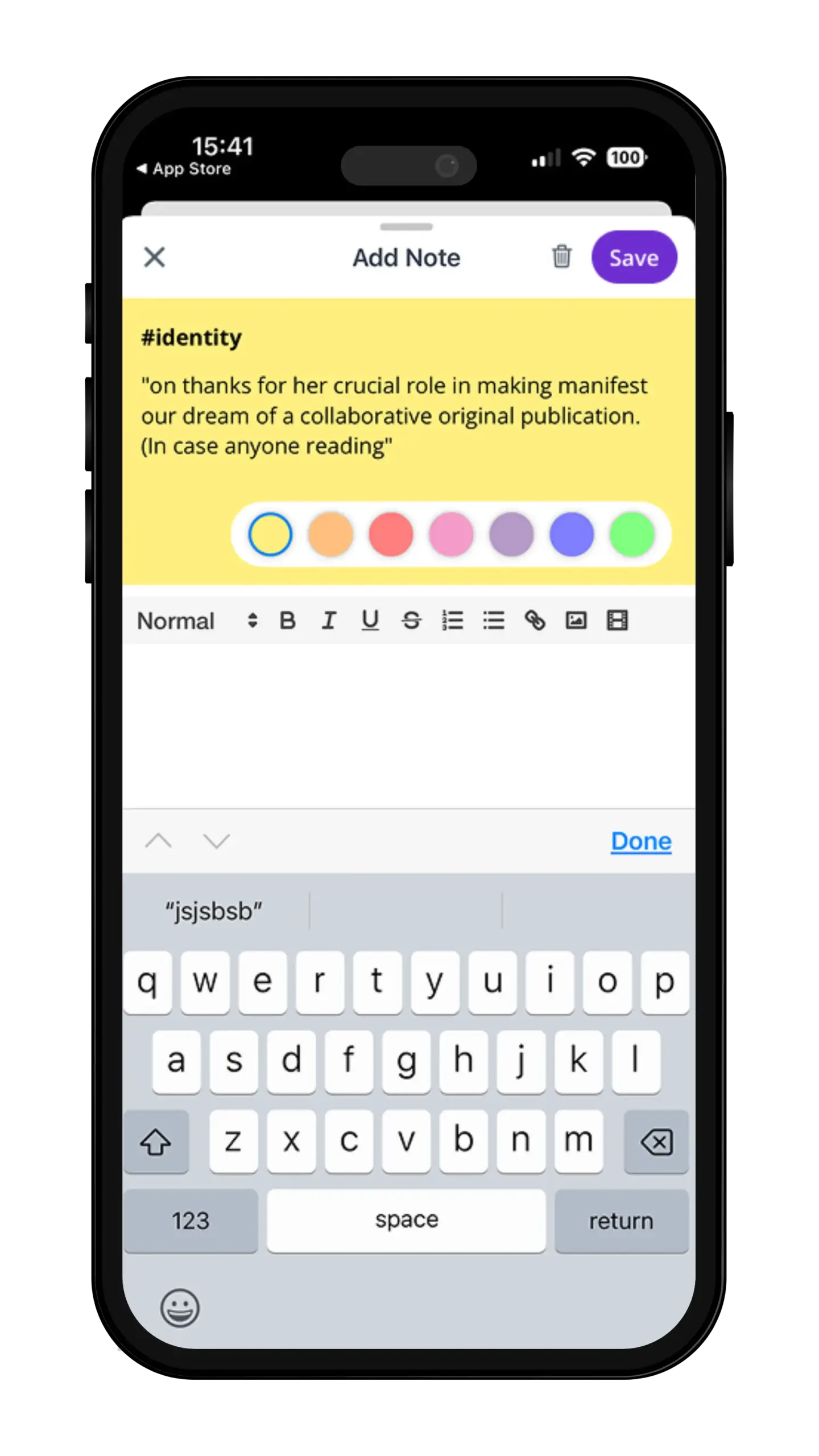 Kortext iOS app note editor showing a highlighted annotation with colour options and text formatting tools