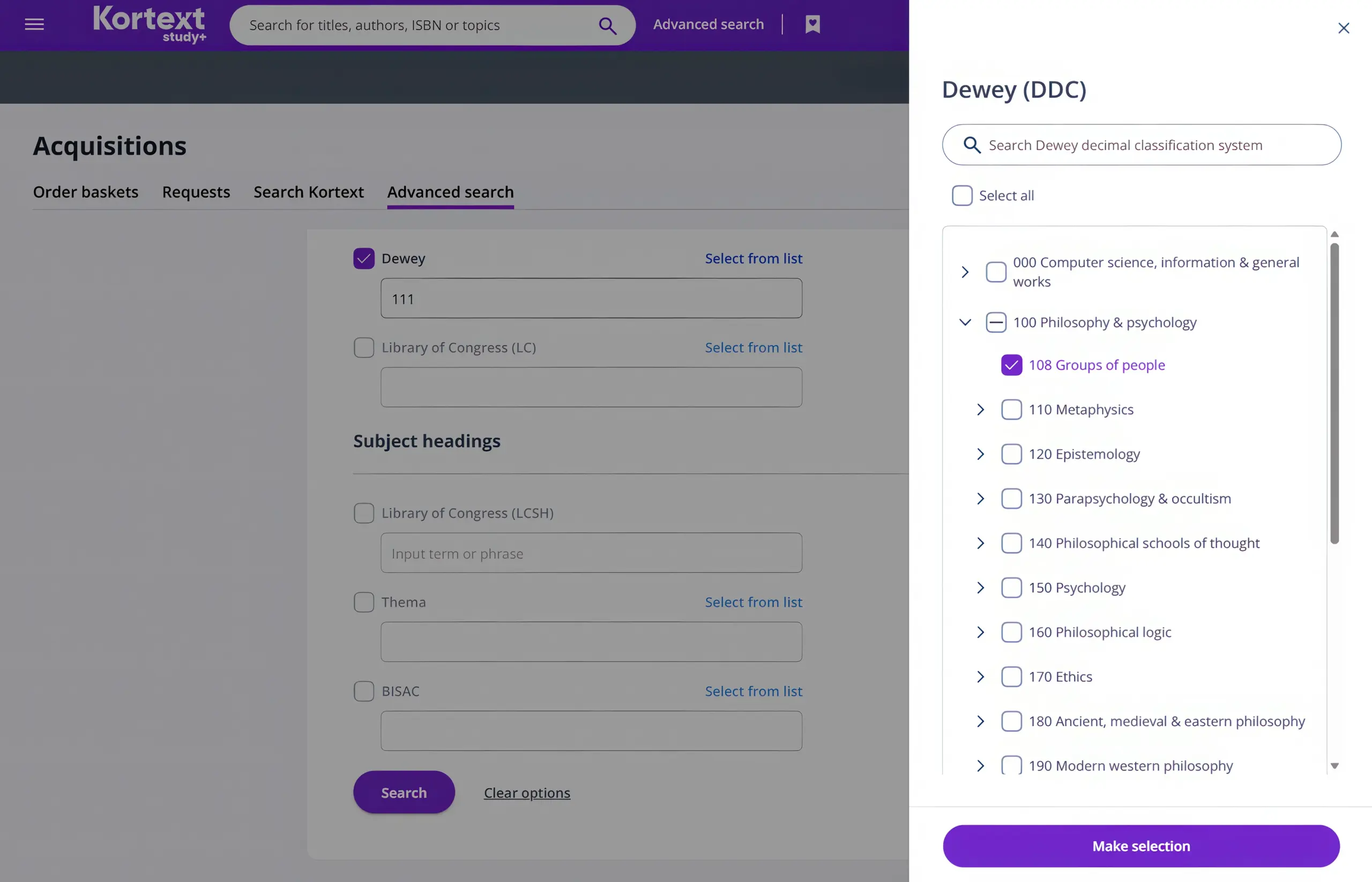 classifications filter in advanced search on Kortext acquire